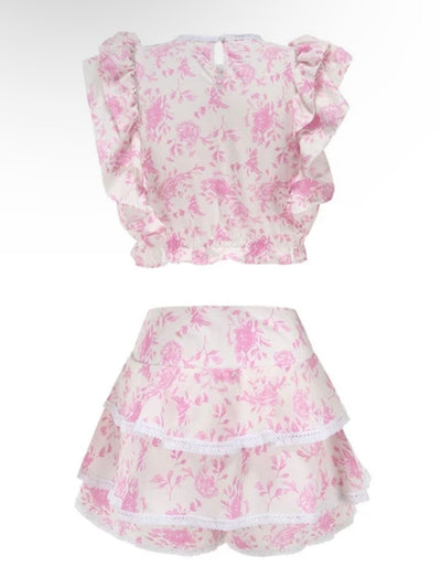 Pink floral set embroidered top and mini skirt - Wapas