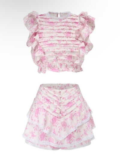 Pink floral set embroidered top and mini skirt - Wapas