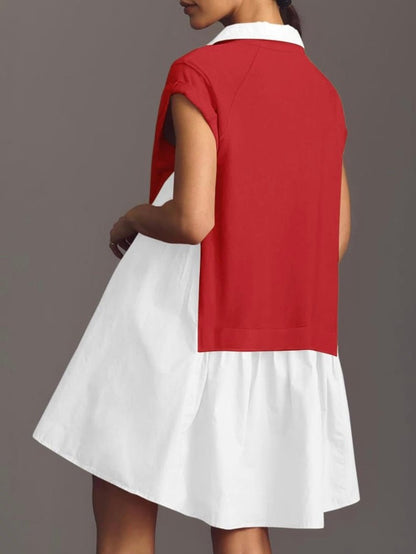 Red and white mix fabrics short dress - Wapas