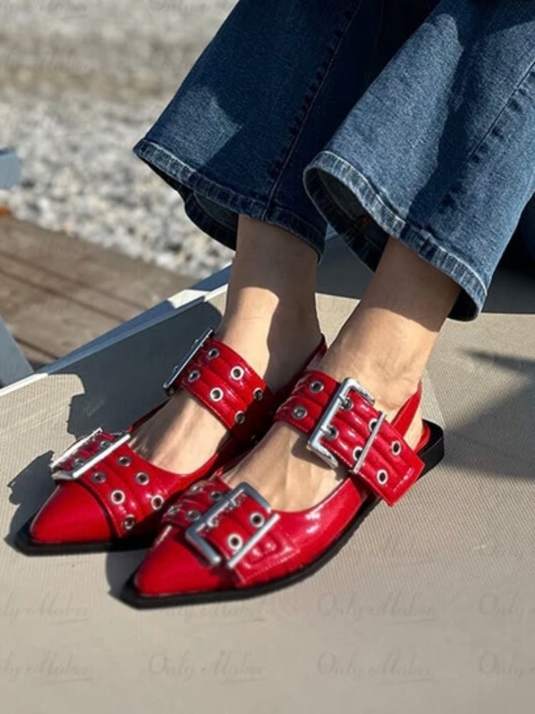 Red buckle slingshot flats shoes - Wapas