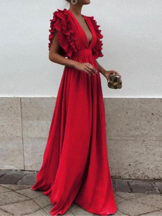 Red elegant ruffle deep V - neckline maxi dress - Wapas