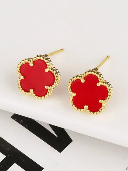 Red five leave petal flowers earrings - Wapas