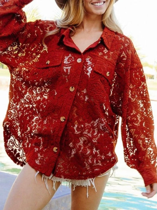 Red flowers crochet lace shirt - Wapas