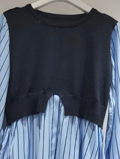 Royal blue and navy blue asymmetric mix fabrics top sweater - Wapas