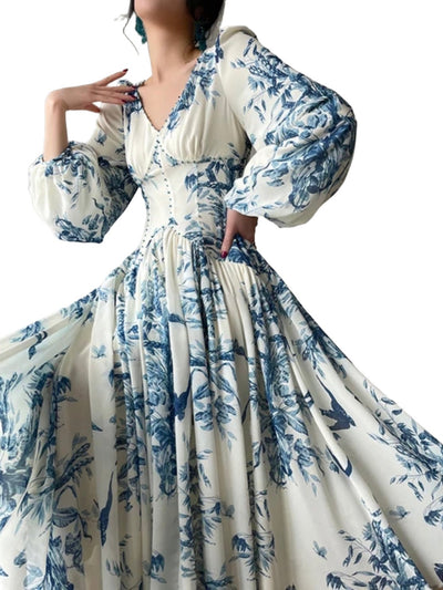 Royal blue and white floral printed maxi dress - Wapas