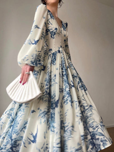 Royal blue and white floral printed maxi dress - Wapas