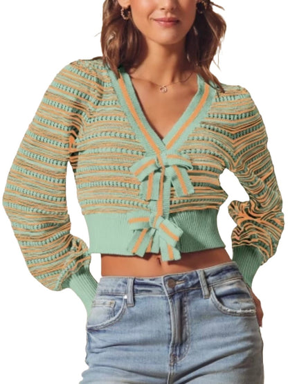 Sage and apricot stripe tied front cardigan light sweater - Wapas