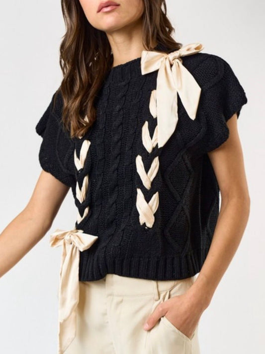 Satin bow black solid cable knit top - Wapas