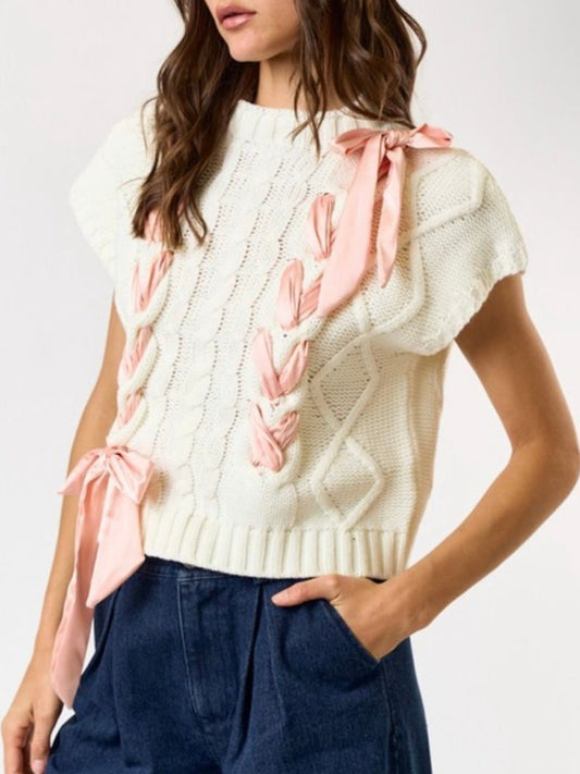 Satin bow off white solid cable knit top - Wapas