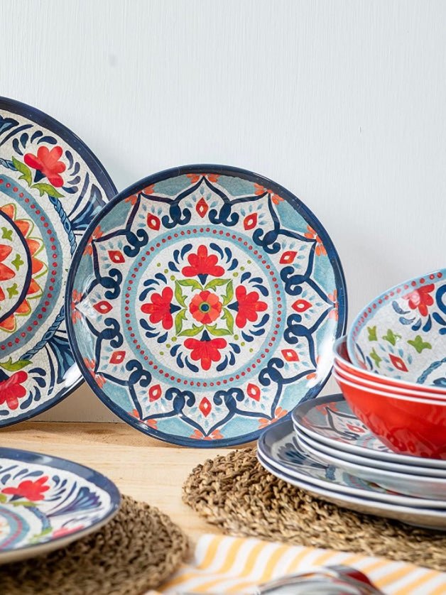 Set of 16 pieces blue flowers melamine tableware - Wapas