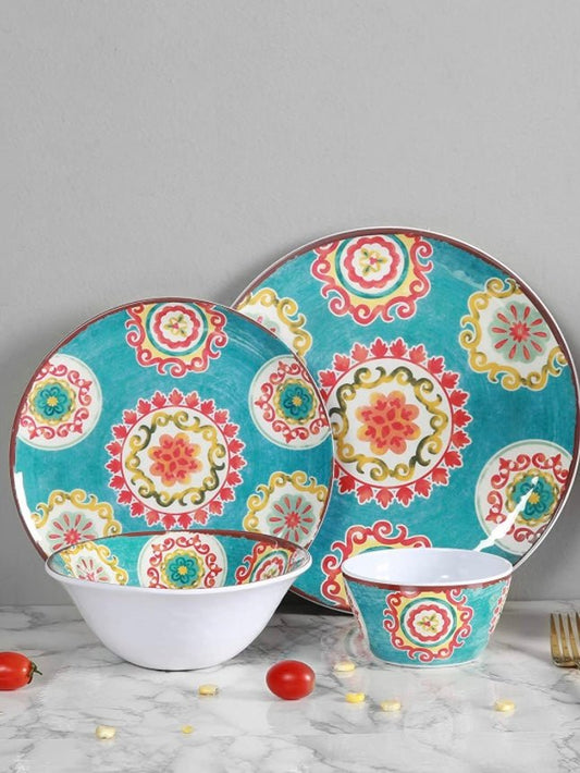 Set of 16 pieces turquoise flowers melamine tableware - Wapas