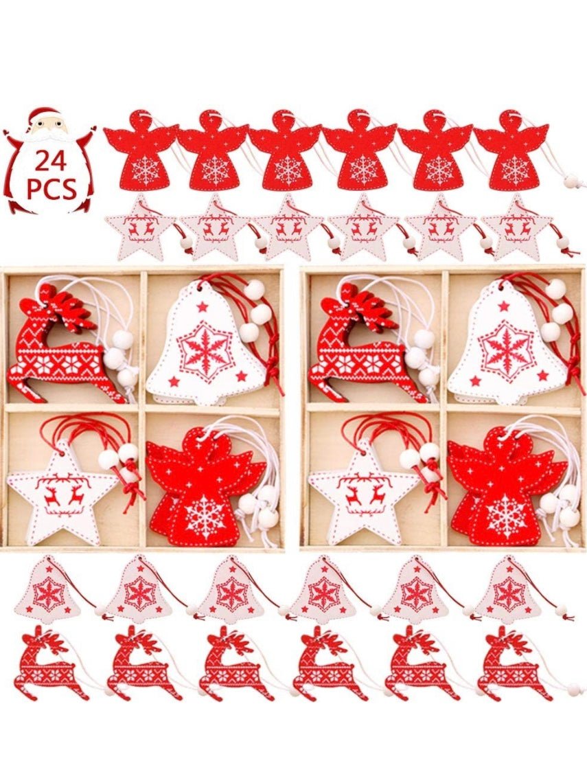 Set of 24 wood Christmas tree ornaments 4 shapes - Wapas