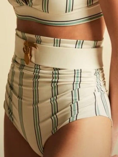 Striped and belted beige and green print ruffled top / bottom bikini - Wapas