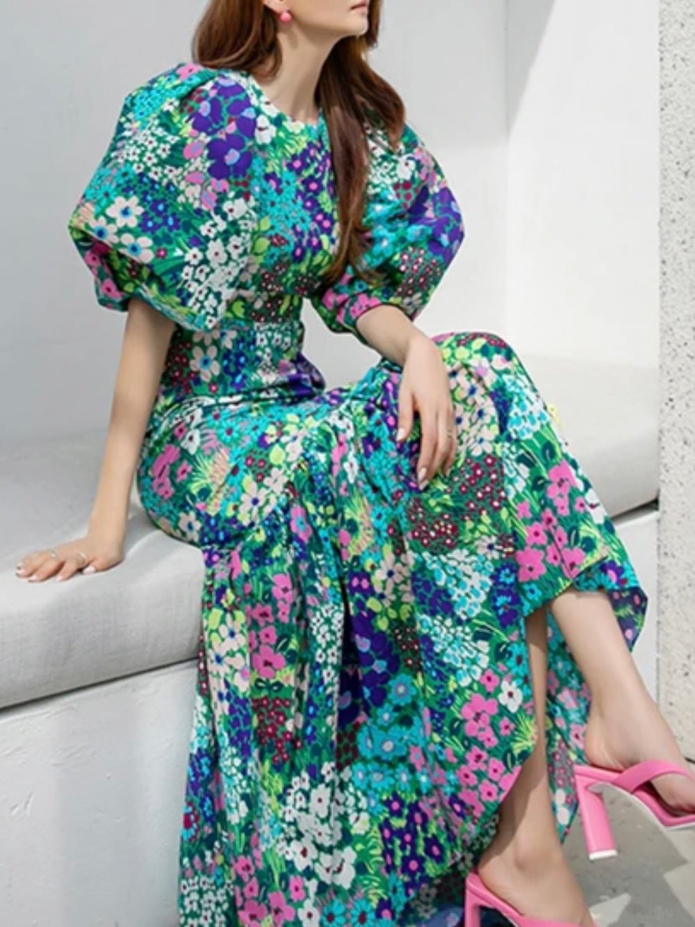 Turquoise and purple floral pattern maxi dress - Wapas