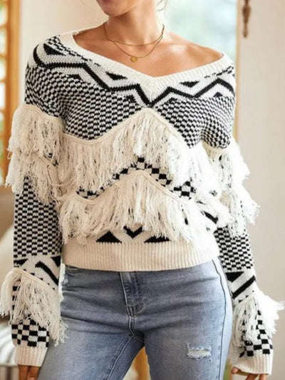 White and black embroidered fringes sweater - Wapas