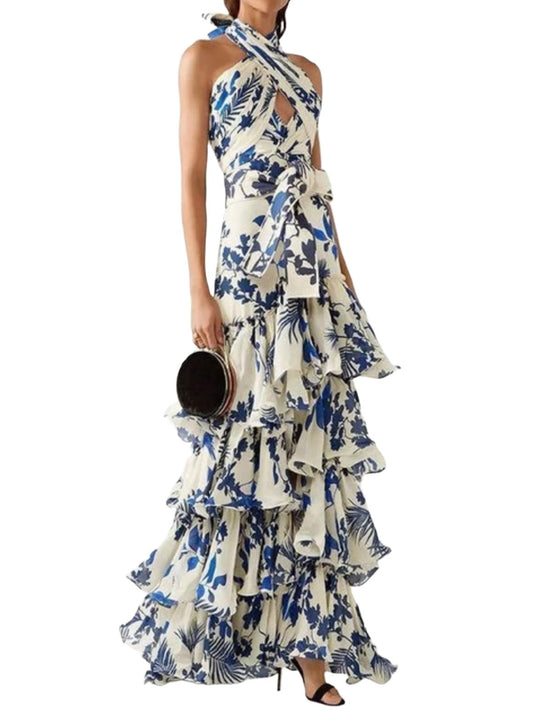 White and blue floral printed layered maxi dress - Wapas