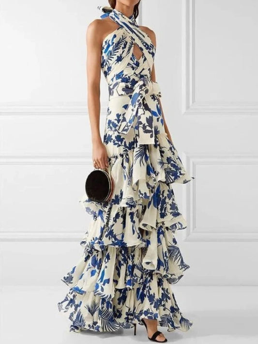 White and blue floral printed layered maxi dress - Wapas