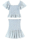 White and blue floral set embroidered top and mini skirt - Wapas