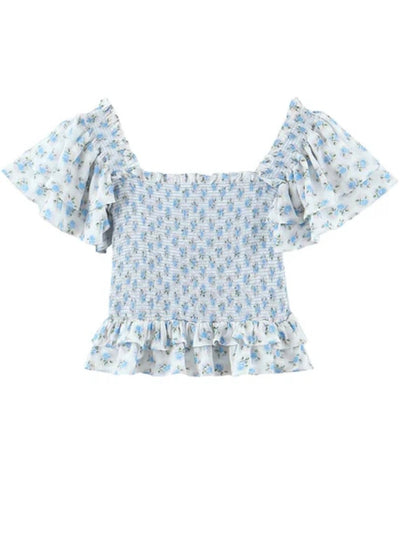 White and blue floral set embroidered top and mini skirt - Wapas