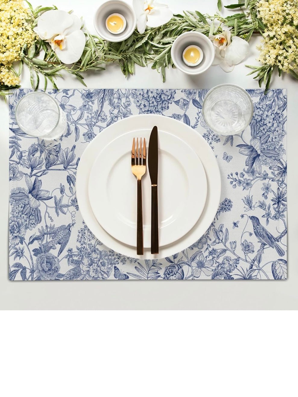 White and blue hydrangea rectangle placemats set - Wapas