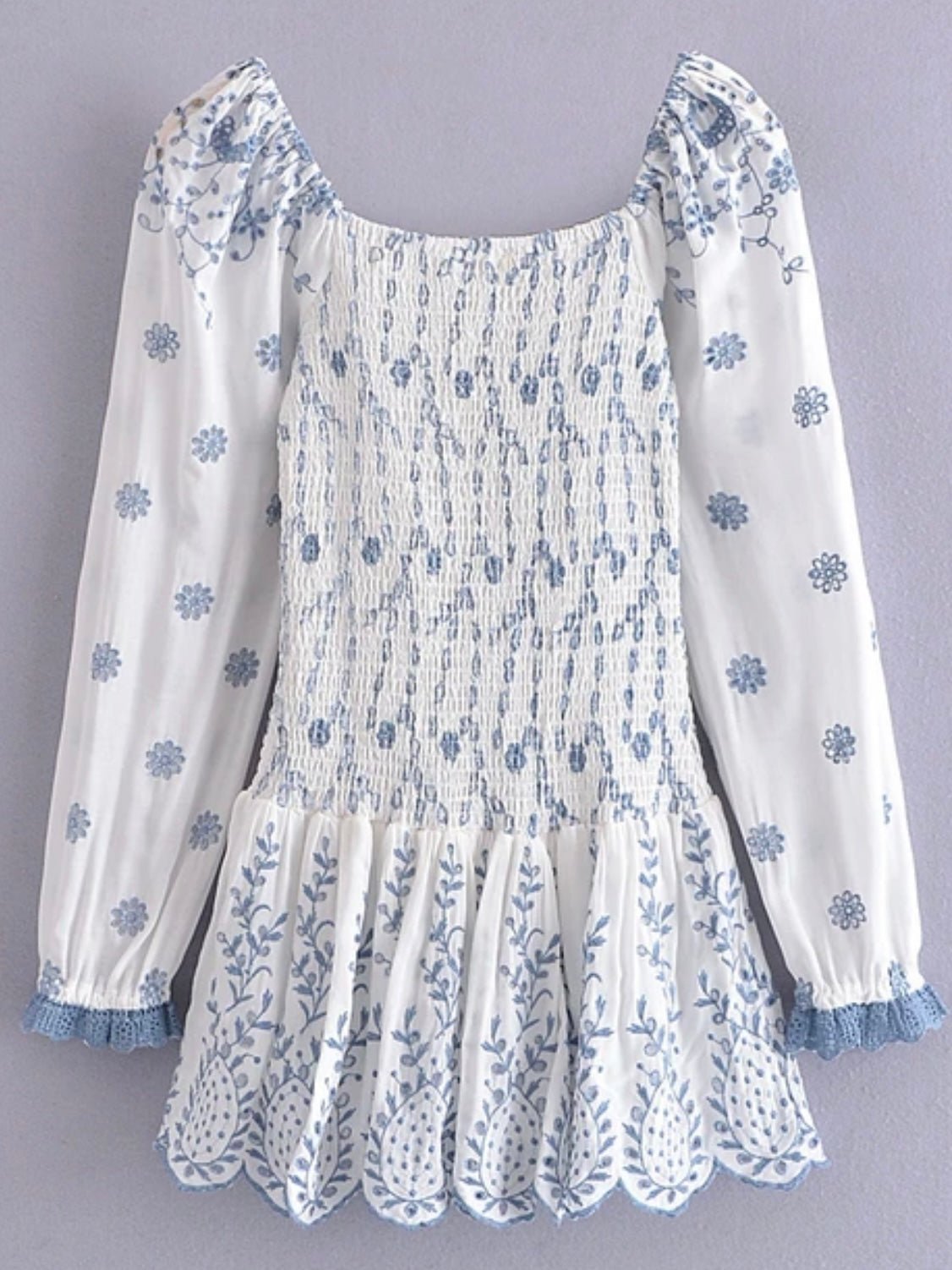 White and blue long sleeves lace mini dress - Wapas