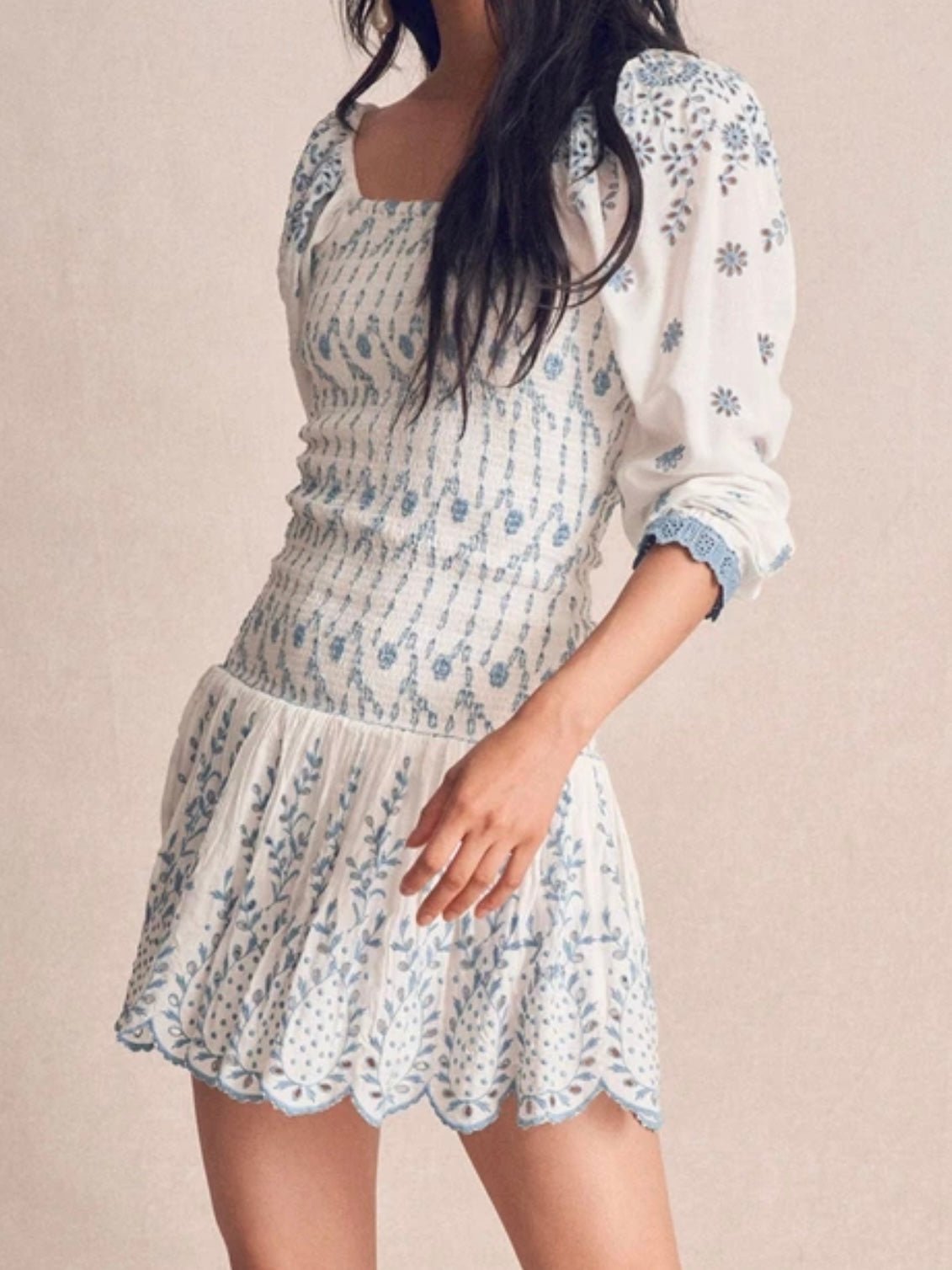 White and blue long sleeves lace mini dress - Wapas