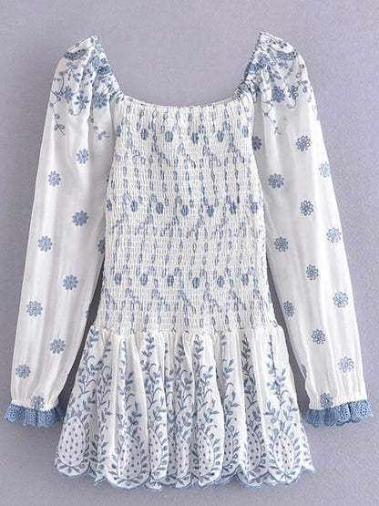 White and blue long sleeves lace mini dress - Wapas