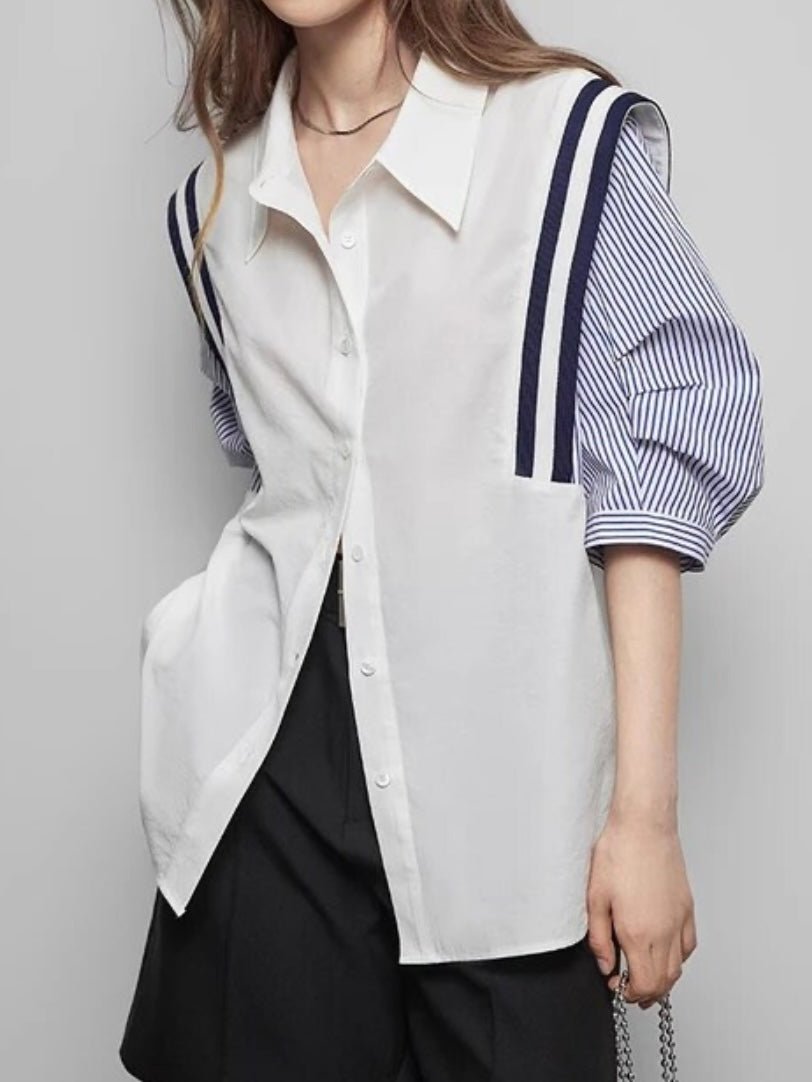 White and blue sleeves mix fabrics shirt - Wapas