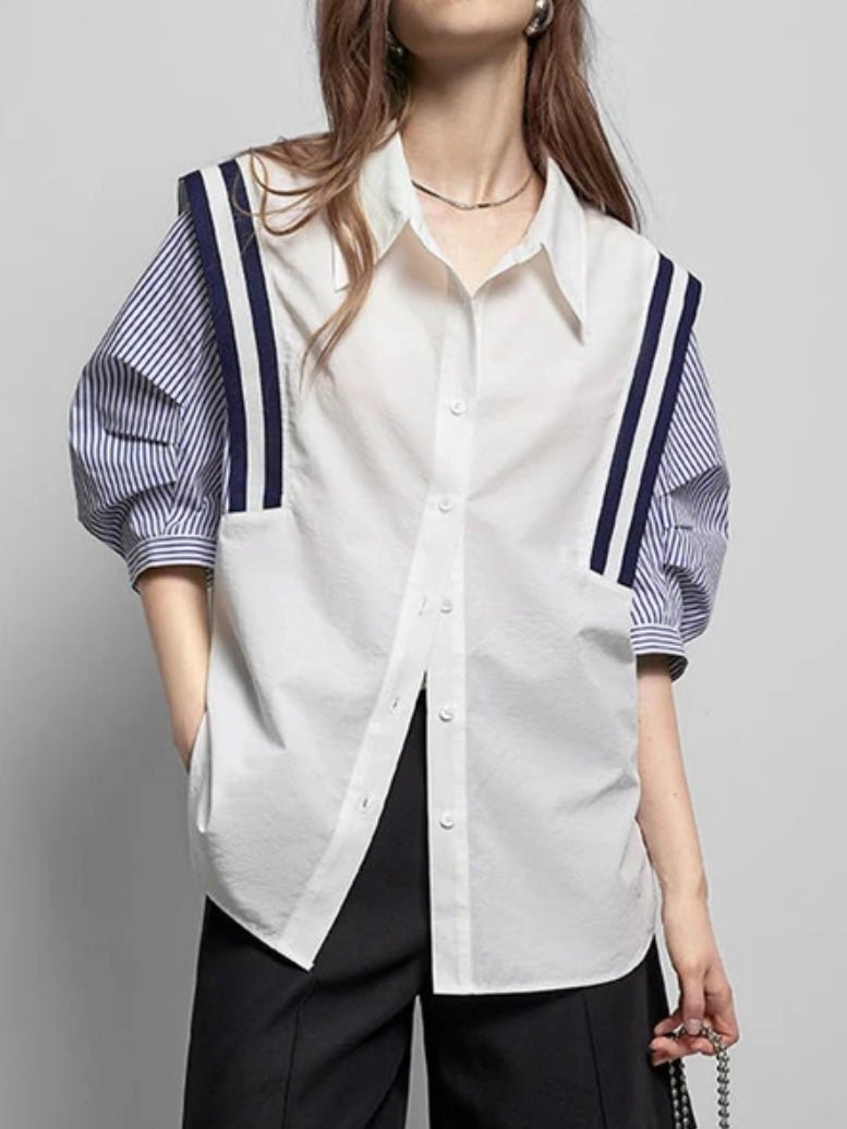 White and blue sleeves mix fabrics shirt - Wapas