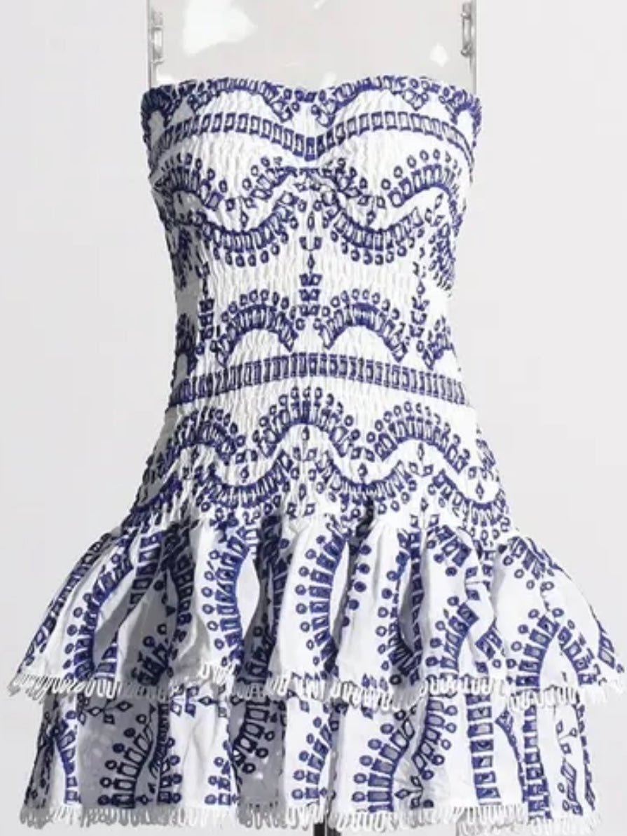 White and blue strapless lace mini dress - Wapas