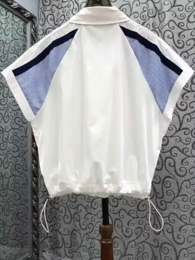 White and blue V - neckline mix fabrics shirt - Wapas