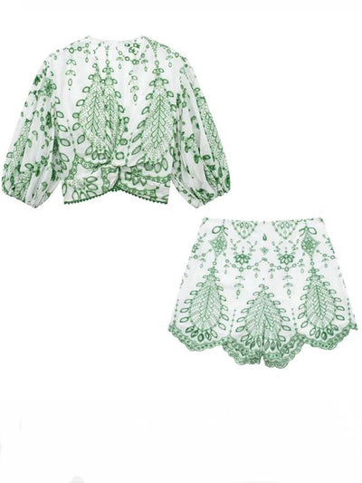 White and green embroidered set of 2 shirt and shorts pants - Wapas