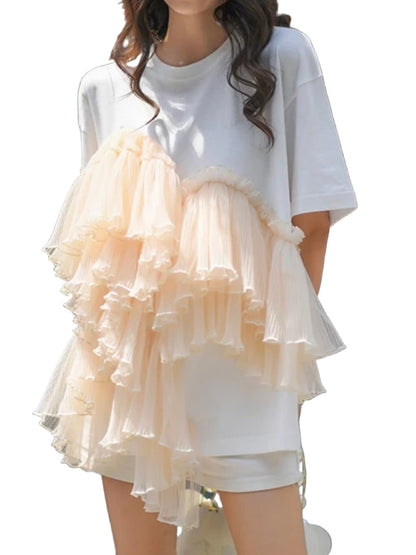 White big beige ruffle T - shirt - Wapas