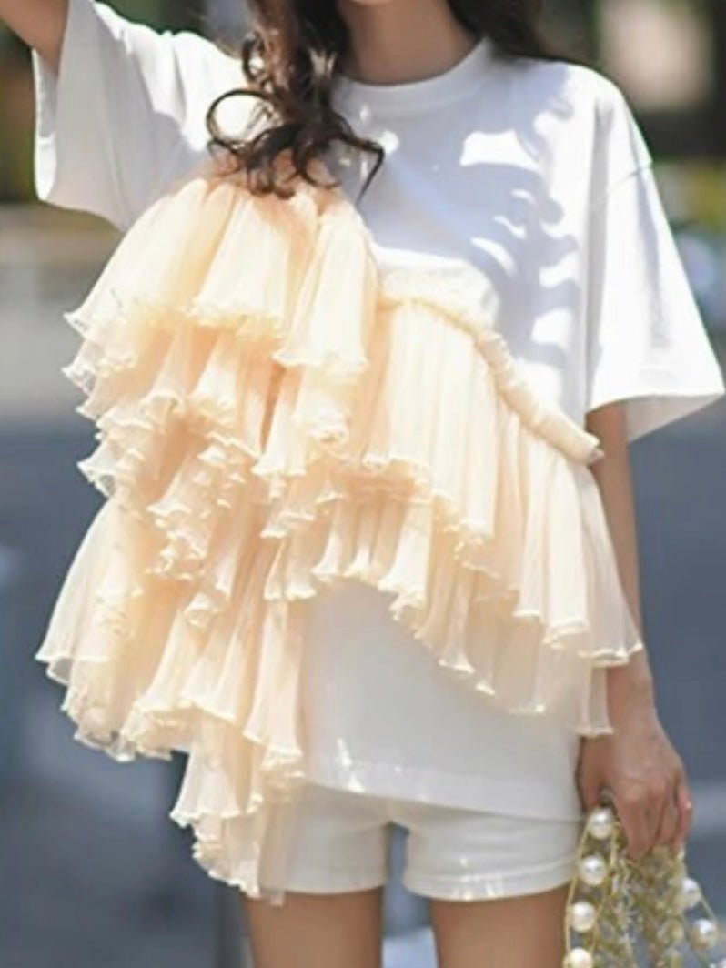 White big beige ruffle T - shirt - Wapas