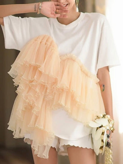 White big beige ruffle T - shirt - Wapas