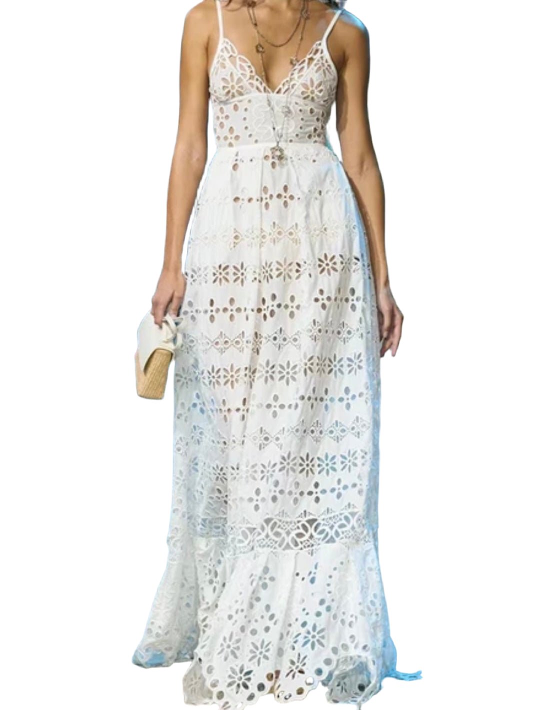 White boho deep V - neck lace dress - Wapas