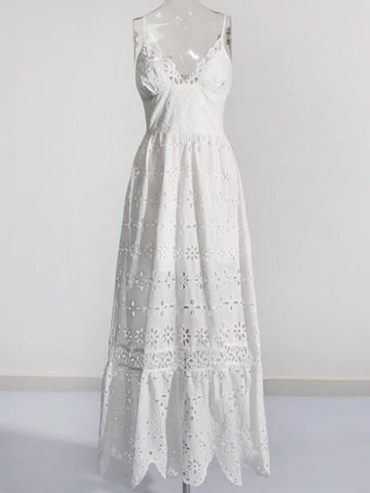 White boho deep V-neck lace dress - Wapas