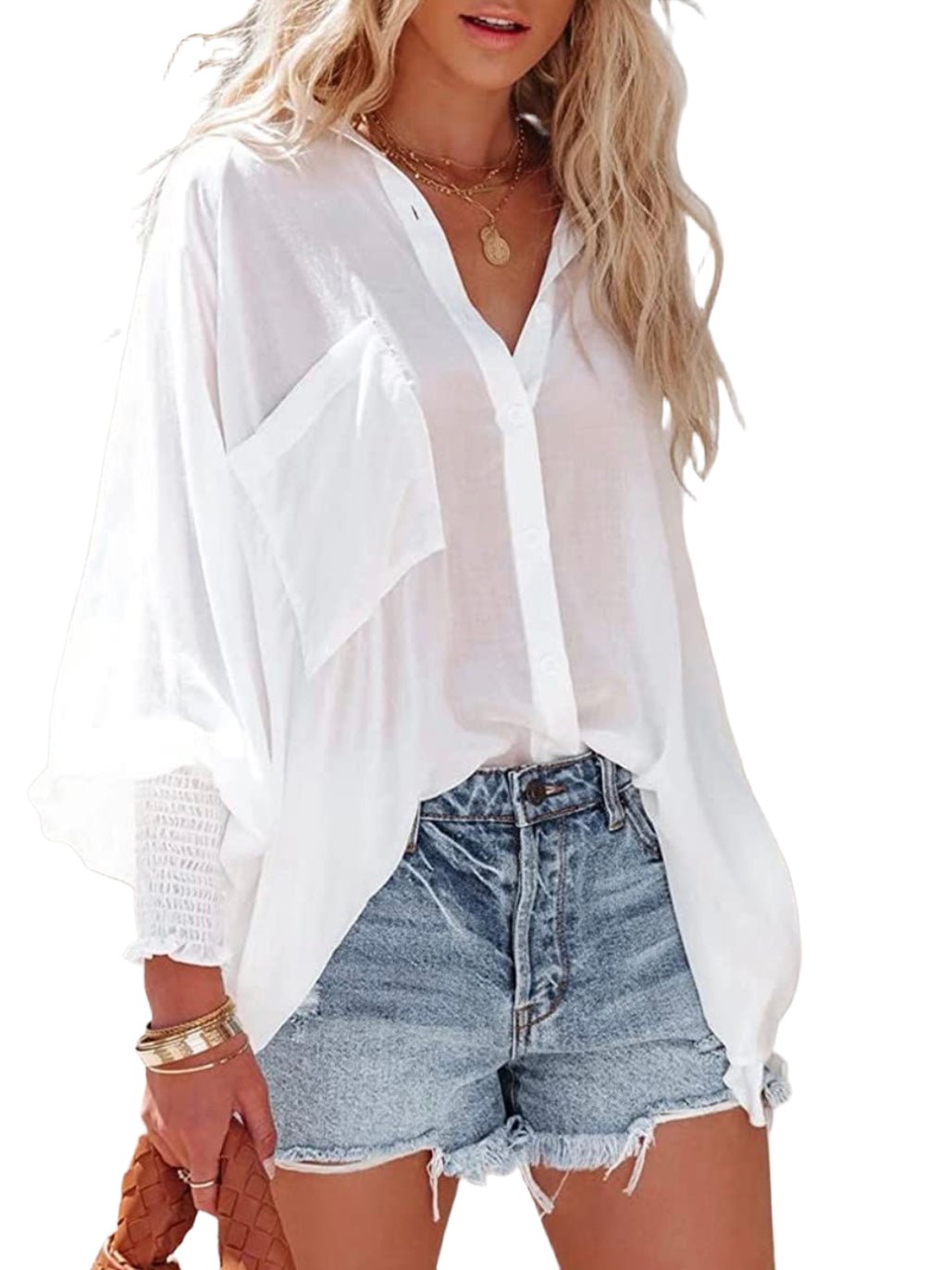 White bomber sleeves big pocket tunic shirt - Wapas