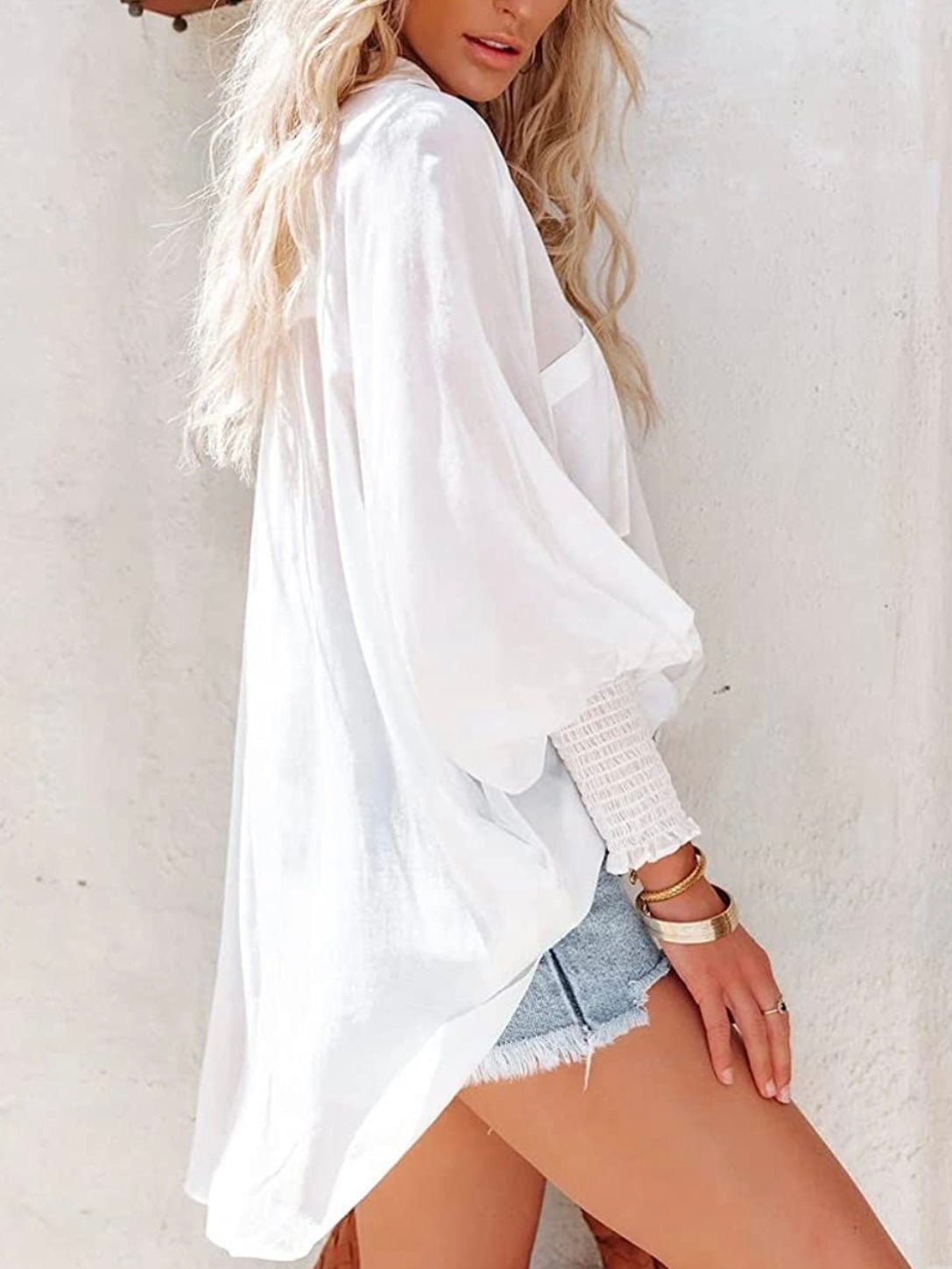 White bomber sleeves big pocket tunic shirt - Wapas