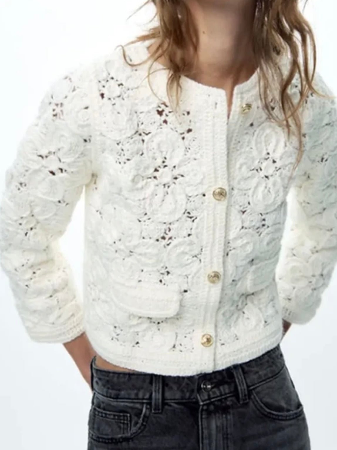 White flowers crochet lace jacket - Wapas