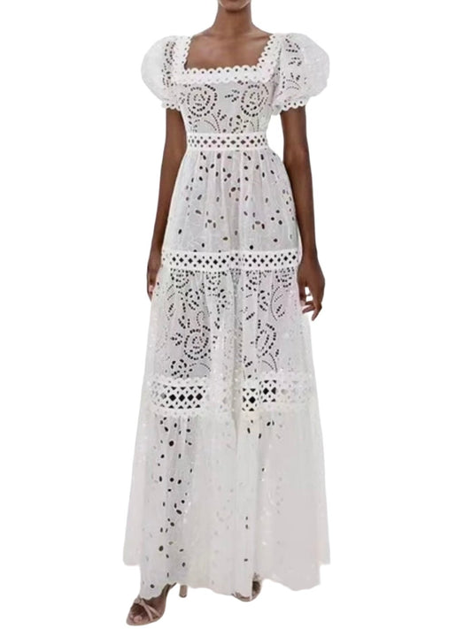 White lace puff sleeves maxi dress - Wapas