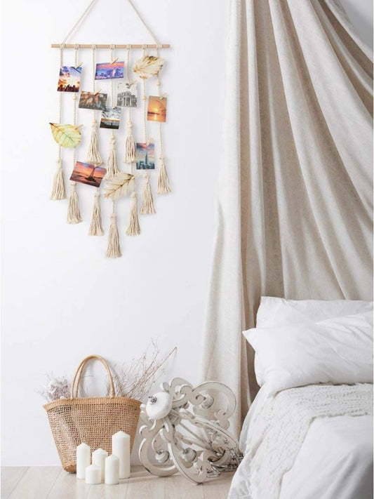 White macrame photo display wall hanging - Wapas