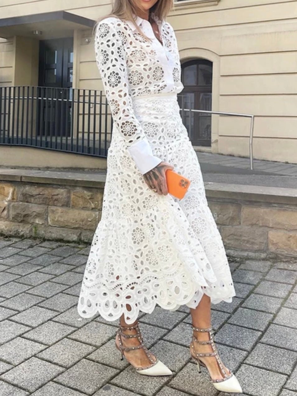 White set of 2 eyelet lace shirt and skirt - Wapas