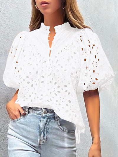 White short puff sleeves lace shirt - Wapas