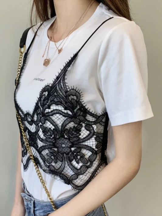 White T-shirt black lace double layer - Wapas