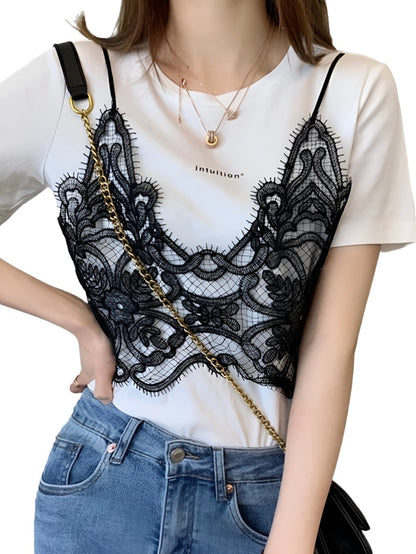 White T - shirt black lace double layer - Wapas