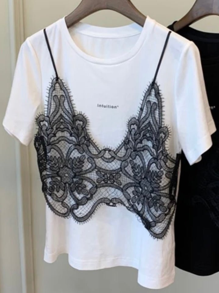 White T-shirt black lace double layer - Wapas