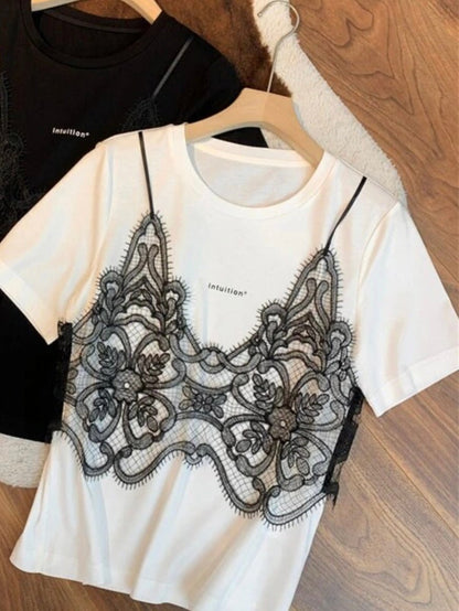 White T-shirt black lace double layer - Wapas