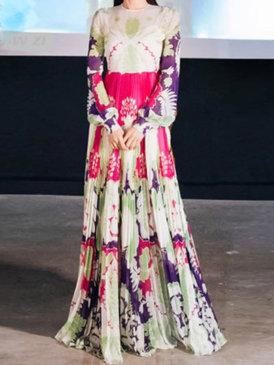 Light green and fuchsia print bomber maxi dress