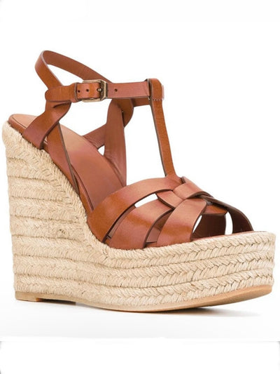 Brown wedge high heels sandals
